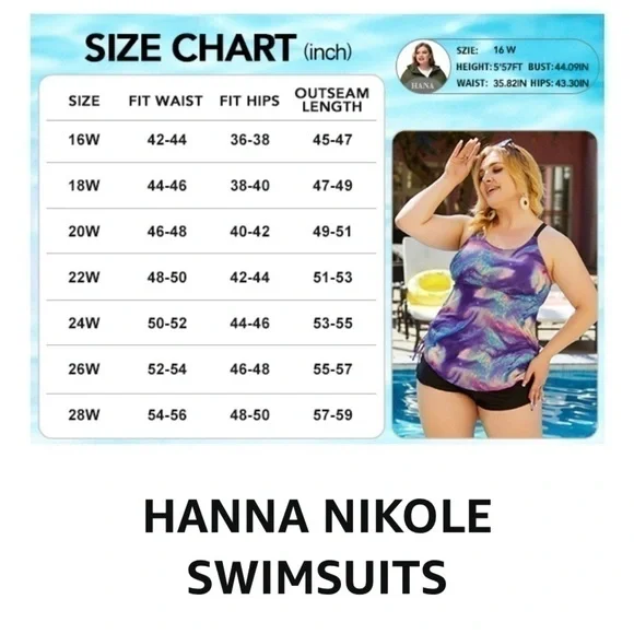 NWT - Hanna Nikole 2 Pieces Athletic Tankini Swimsuits with Shorts Sz 16W - Picture 8 of 10